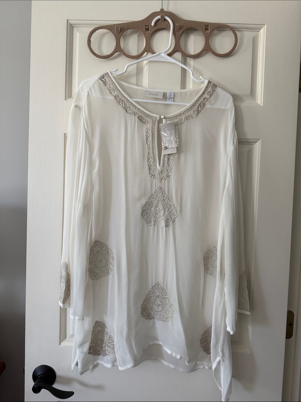Chico's white and silver Embroidered Long-Sleeve Blouse/Tunic